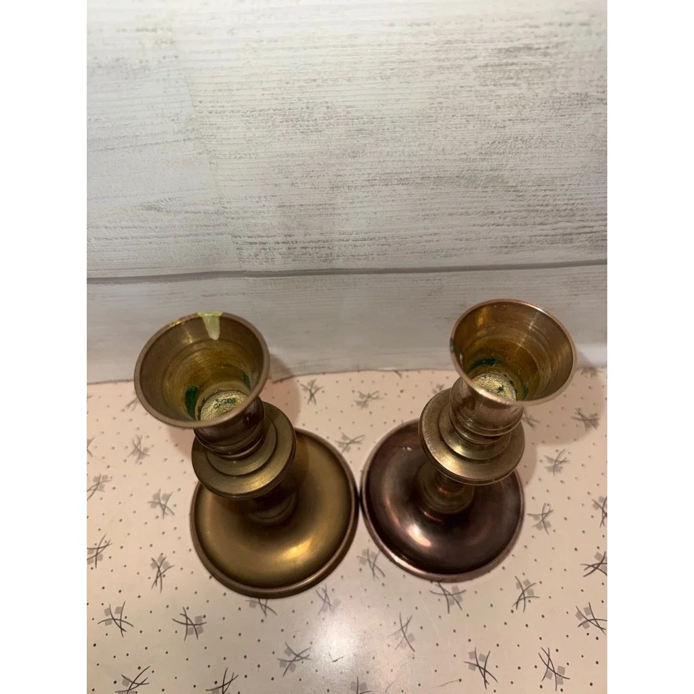 Vintage Brass Candlestick‎ Holders Pair Made in Hong Kong Taper Candle Stands